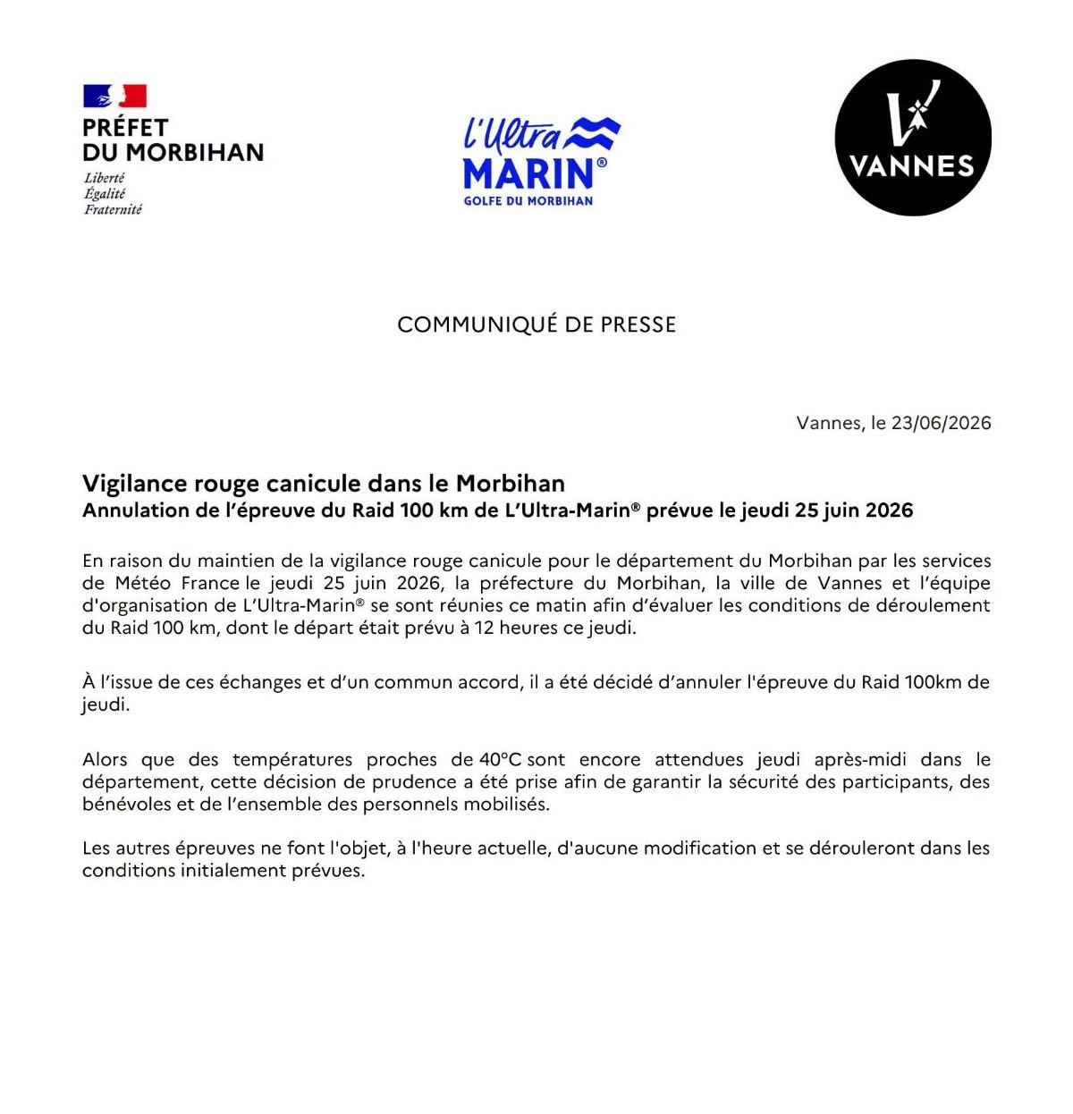 ULTRA MARIN – ANNULATION DU 100KM